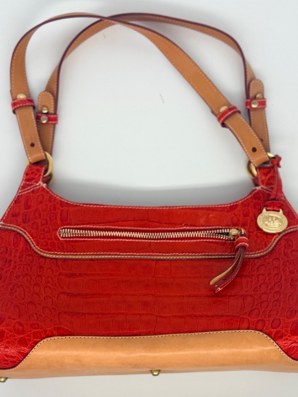 Brahmin Stella Crocodile Embossed Leather Shoulder Bag - Red/Tan